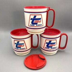 Vtg 3 Town & Country Gas Station Travel Mugs w/ Lids & 1 Adhesive Base USA TX NM
